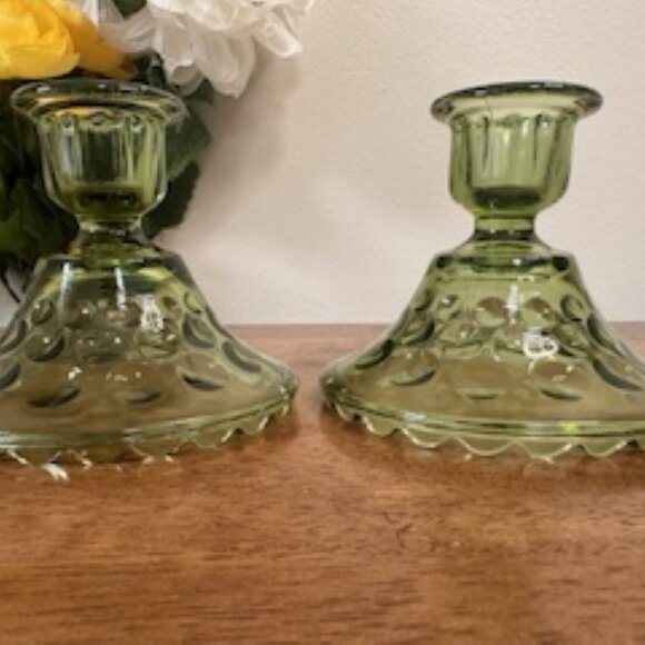 Vintage Green Glass Candle Holders Moon & Stars Pattern Indiana Style Pair Thumb - Picture 2 of 5